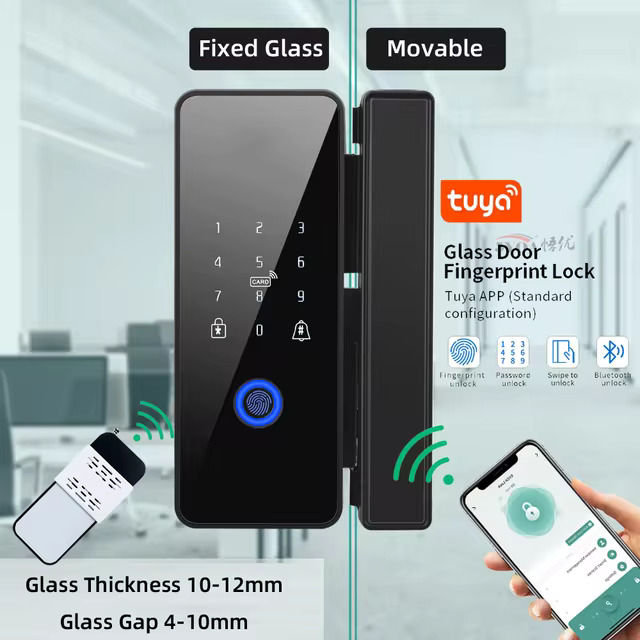 Tuya APP Glasses Fingerprint Lock Bluetooth Smart Glass Door serratura elettronica biometrica 13.56Mhz RFID Remote Control Unlock Smart Fingerprint Lock with Attendance Management, Quick Recognition, Multiple Unlocking Methods for Glass Wooden Door