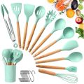 Kitchen Utensil Set 11 PCS Cooking Utensils With Plastic Utensil Holder, Non-stick Silicone and Heat Resistant Wooden Utensils.. 