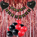 Happy Birthday Red Black Set Including Banner , Curtains , Foil & Latex Balloons in Red and Black Birthday Theme. 