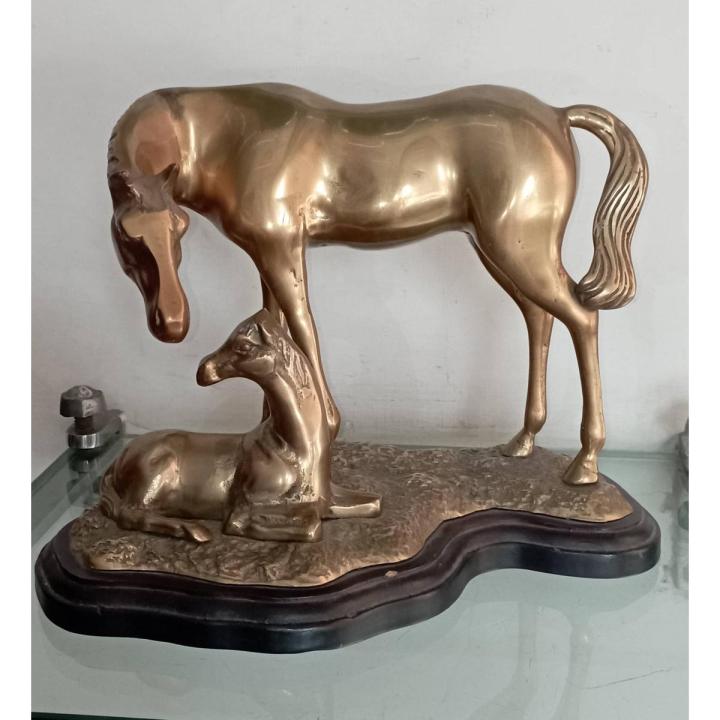 Vintage / Antique Brass & Wood MCM Horse MOM BABY Foal statue figurine Mid Century