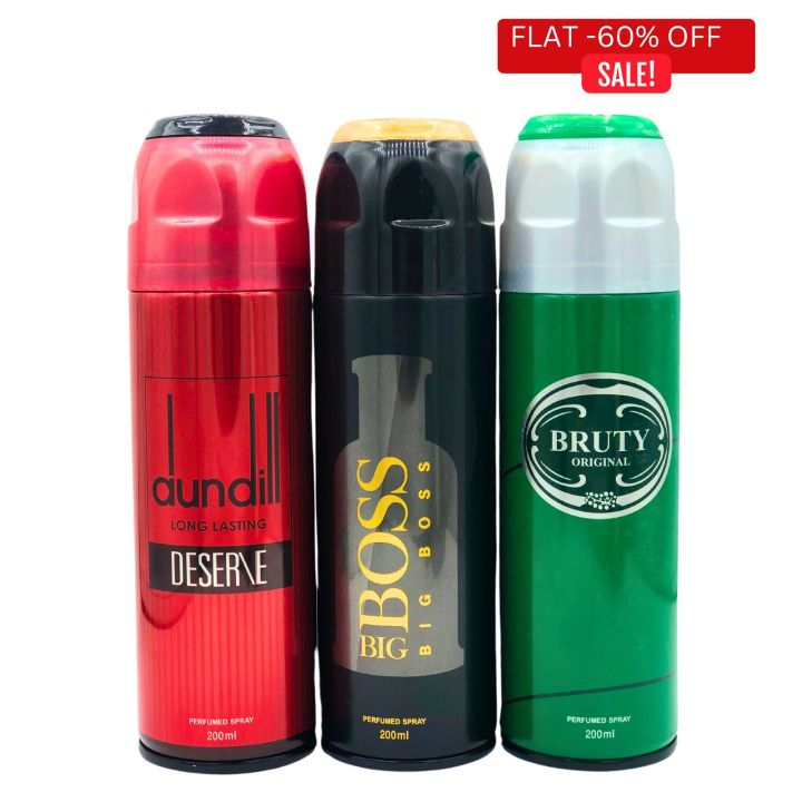 Body Spray Pack of 3 | Big Bottle 200ml Deodorants Body Spray BRUTY FRESHRITE |BIGBOSS BLACK | DUNDILL DESERVE Body Spray For Men & Women |Boys and Girls Body Spray For Value Budget Whole Sale Pack for Gift Fresh Scent Imported Quality Pay Less Buy More