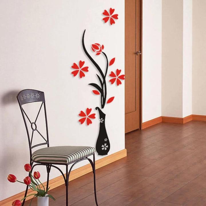 3D Vase Flower Wall Murals Wooden Wall Sticker Originality Sticker DIY Flower and Vase Wall Decal Wall Decor for Living Room Bedroom Decoration TV Wall Background Sofa Backdrop