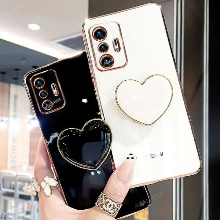 Phone Case For Xiaomi Mi 11t Pro 11 T Plating Love Heart Fold Holder On Xiomi Mi11T 11tpro Xiaomi11t Luxury Stand Silicone Cover