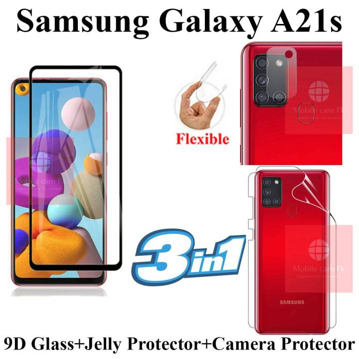 Samsung Galaxy A21s Full Black 9D|5D|6D|10D|11D|21D Tempered Glass Screen Protector Full Glue Edge To Edge + Back Camera 9H Gorilla Flexible Protector + Back Jelly Protector Clear Soft Film Protection For Samsung Galaxy A21s