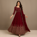 Dress For Womens | Dress For Girls Chiffon Crincle Embroidered Maxi Maroon (Unstitched). 