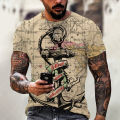 2022 Men's Summer Personality Youth World Map 3D Printing Ocean Anchor O Neck Short Sleeve T-Shirt. 