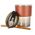 Techmanistan Glass Tumbler with Straw, Lid & Leather Sleeve, Leather Sleeve With Protective Leather Sleeve, Reusable Glass Coffee Tumbler. 