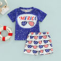 Independence Day Theme Baby Clothes Set, Infant Round Neck Lettering Print Pattern T-shirt Elastic Waist Shorts. 