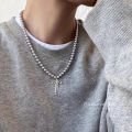 Goth Harajuku Cute Y2K Aesthetic Bowknot Pendant Grey Pearl Beaded Rope Chain Necklace for Girl Choker Cool 90s EMO Accessories. 