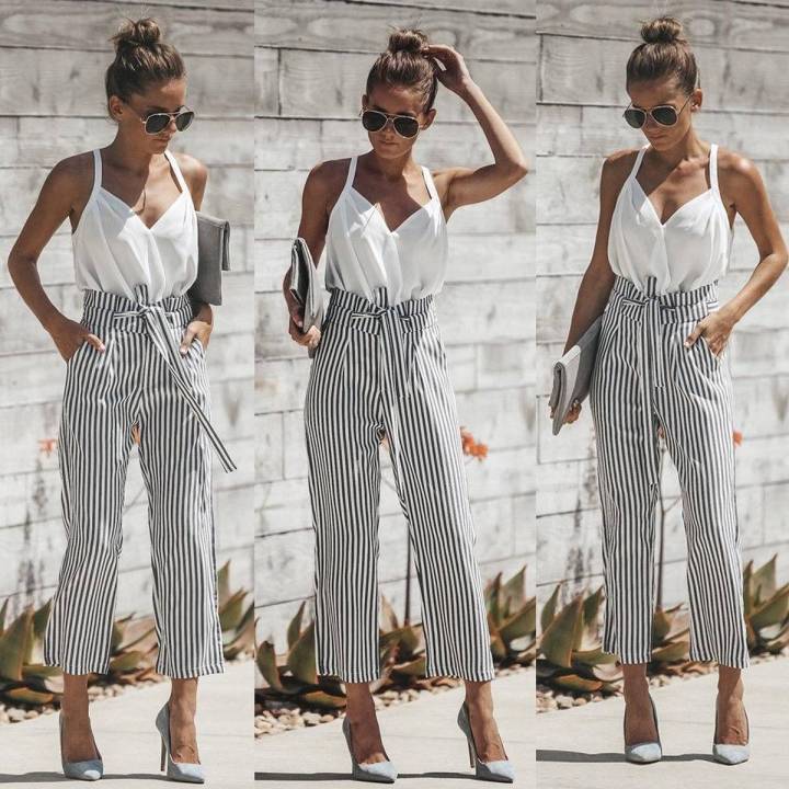 Women s Striped High Waist Fitted Long Pants Casual Ladies OL Pencil Trousers Daraz.pk