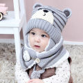 【AmbitionmA】 6M-34M Unisex Winter Kids Baby Girls Boys Cartoon Bear Stripe Knit Hat Cap Woolen Yarn Scarf Earmuff Warm keep Set for outdoor. 