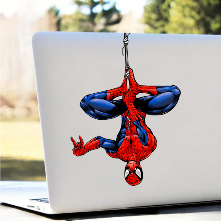 Spiderman Hanging Laptop Sticker, Peel and Stick, HD Print and Laminated Vinyl Sticker Waterproof Stickers, Bike Stickers, Car Stickers, Home Decoration Stickers, Scratch Protection Sticker by Sticker Studio