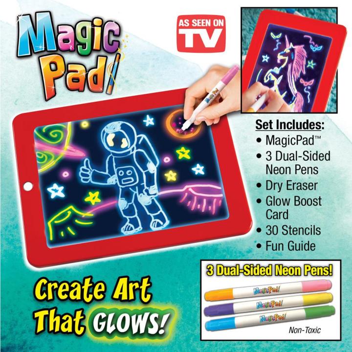 Magic Pad  Create Art That GLOWS  Light Up LED Board  Draw, Sketch, Create, Doodle, Art, Write, Learning Tablet  Includes 3 Dual Side Markets, 30 Stencils and 8 Colorful Effects