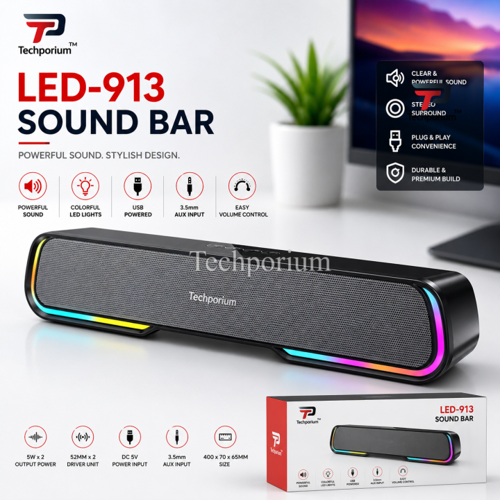 Kisonli LED-913 Bluetooth Gaming Soundbar Speaker with RGB Light High ...