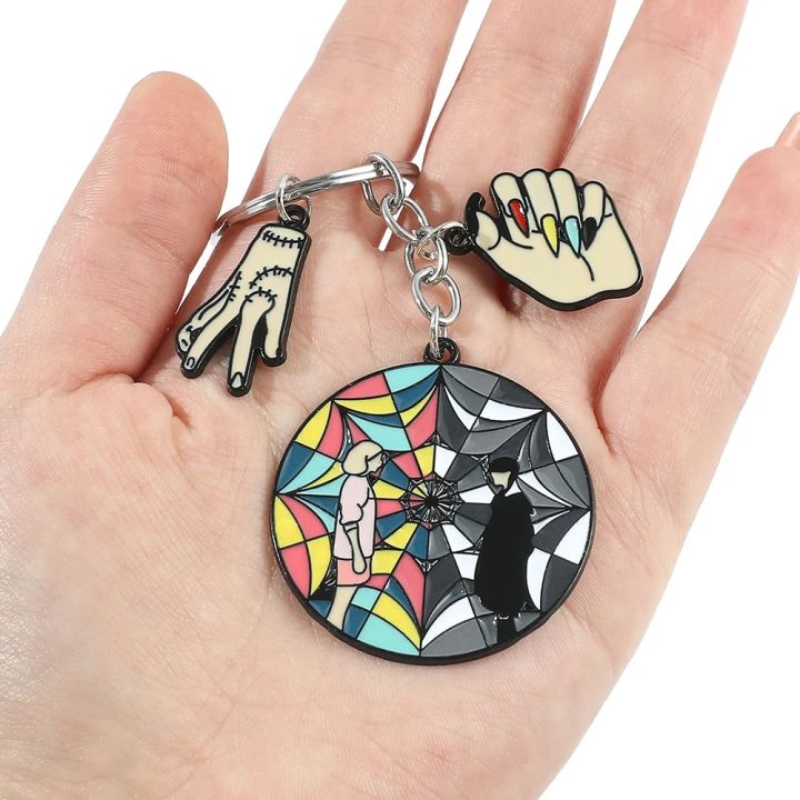 Wednesday Addams Keychain Gothic Enid Wednesday Badge Thing Hand Metal Pendant Keyring Car Backpack Key Holder Accessories Gifts