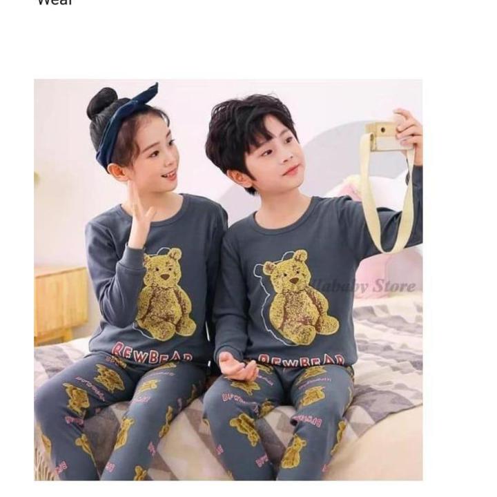 Dark Grey Teddy Bear Cartoon Printed Girls and Boys Night Dress