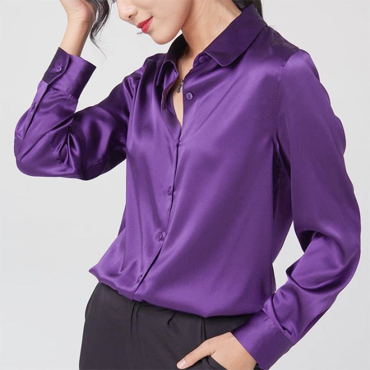 Women Silk Shirt Lapel Long sleeved Solid Color Trendy Blouse Loose Drape Fashionable Retro Top Shirt For Women Girls Daraz.pk