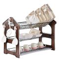 3 tier 3 Layer Dish Rack bartan stand with Antique  wooden panel shelf with 2 plastic tray Antique Dish Drying Rack With 2 Draining Tray For Bowl Cup Plate & Sink accessories for kitchen. 