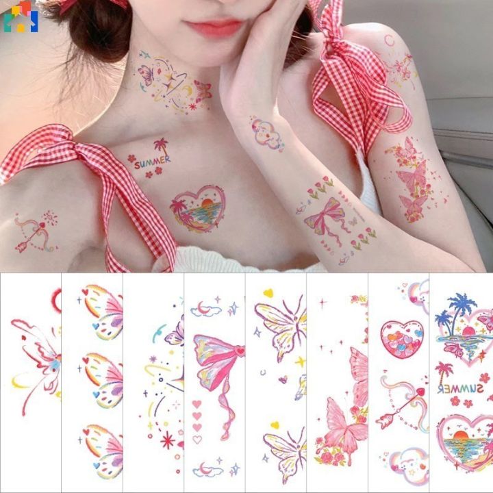 5 Sheets Colorful Butterfly Tattoo Stickers Collarbone Flower Arm Waterproof Non Reflective Disposable Temporary Tattoo