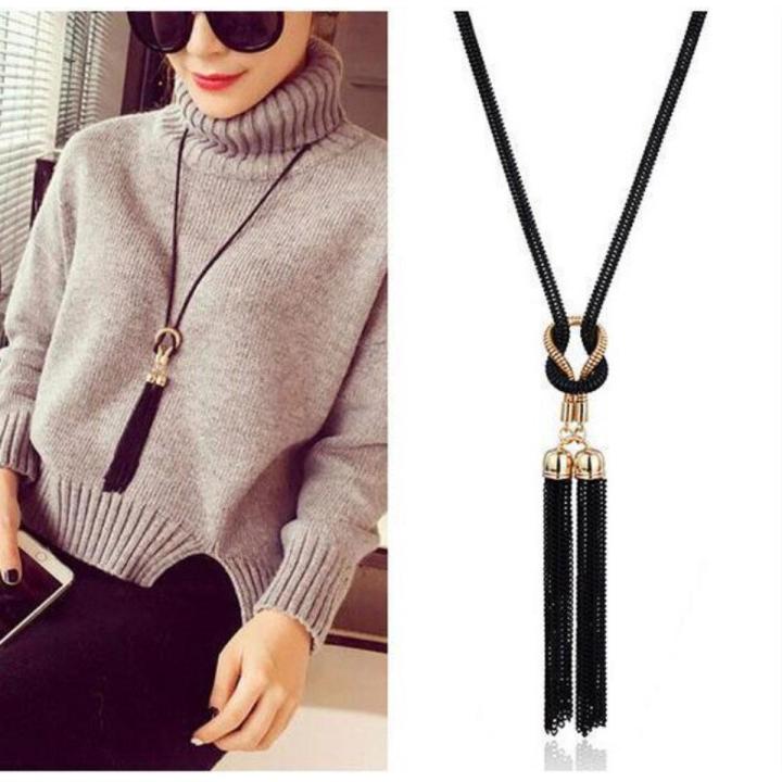 New Boho Shiny Black Long Necklace Kpop Tassel Sweater Chain Joker Lady Neck Decoration