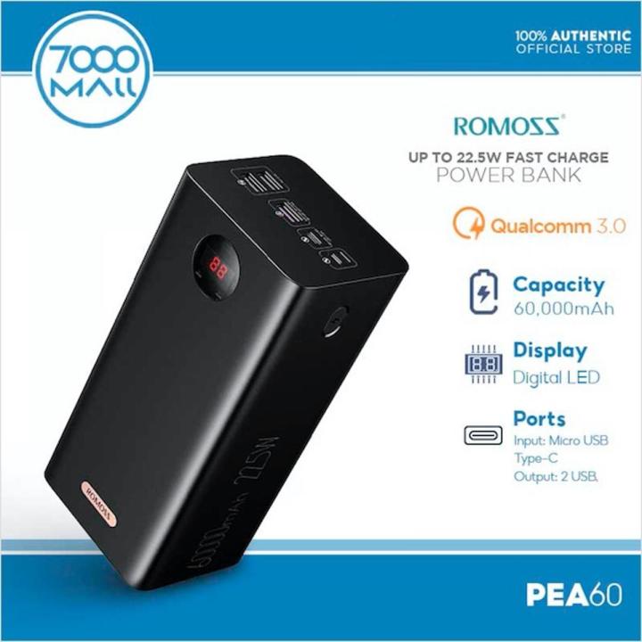 100% Original ROMOSS 60000mAh PEA60 Power Bank, 22.5W Max Quick Charge Portable Phone Battery Charger with 4 Outputs and 3 Inputs External Battery Pack for Travel and Home Use
