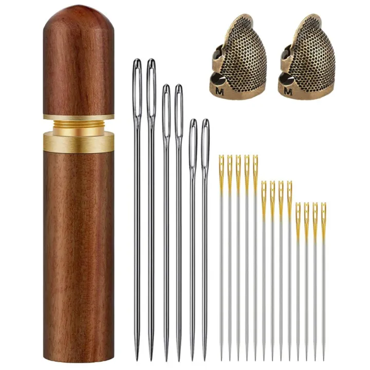 Wooden Needles Case for Storing Sewing Needles, with Sewing Thimble