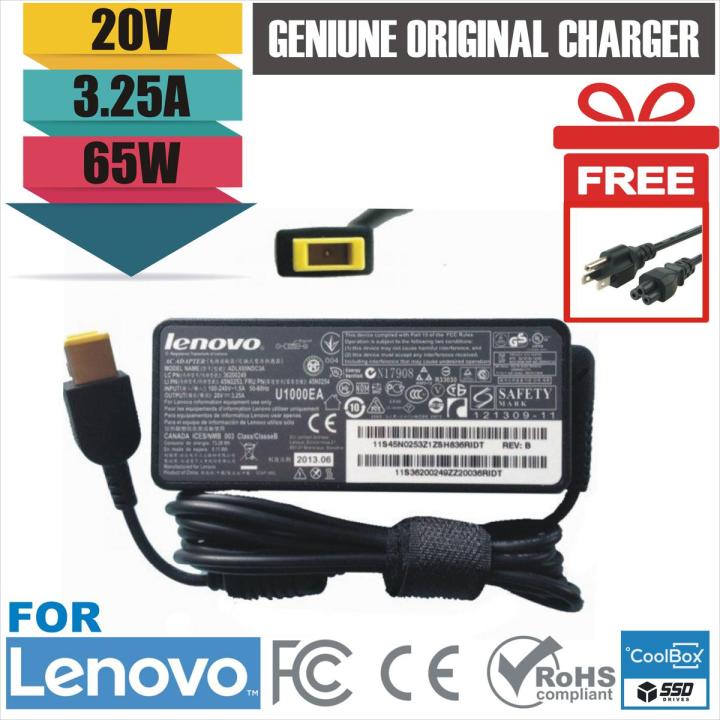 Genuine Lenovo Square Pin Laptop Charger 20V 3.25A (65W) - Fast Charging USB Type Adapter with Power Cable Included