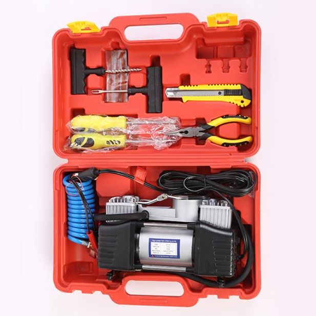 Imported Double Cylinder Portable 12 Volt Electric Car Air Pump Car Air Compressor Car Tyre Air Inflator Deflator Car Tire Air Inflator Pump Compressor Electric Air Blower Tire Tyre Puncture Repair Tool Kit Toolkit Car Air Pressure Gauge Car Gadgets