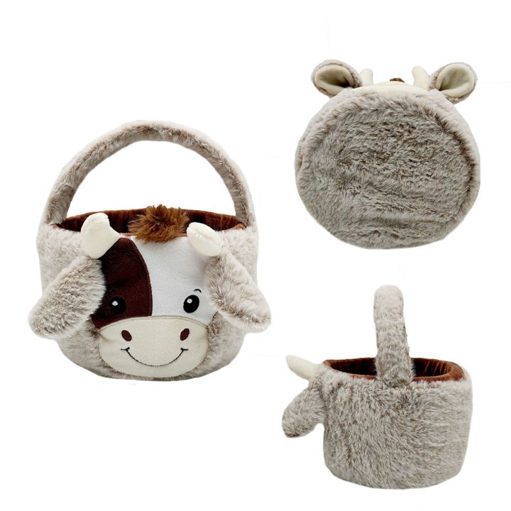 NCANRUI 10In/25cm Cute Plush Cow Easter Buckets with Ear Egg Hunt Easter Gift Bags Bags for Party Decorations Candy Gifts