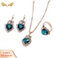 Women Heart Shape Rhinestone Pendant Necklace Lever Back Earrings Ring Jewelry. 