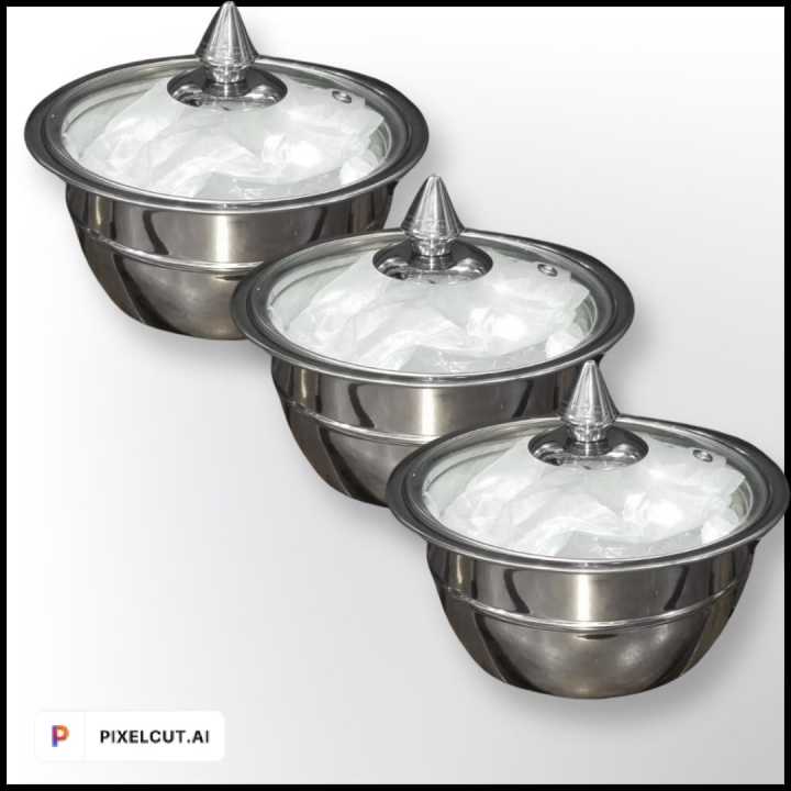 Stainless Steel Serving Bowl with Glass lid Set of 3 Pieces
