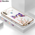Jizetin (Free Lanyard) for Samsung Galaxy A11 M11 Back Cover Peach Blossom and Butterfly Luxury 6D Plating Case Side Pattern Soft Silicone Square Mobile Phone Cases. 