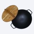 Cast Iron Wok 12.5" with Wooden Lid,  Krucible Kitchen, non stick karahi full size (with lid), Non Stick Cooking Wok, Black Karahi. 