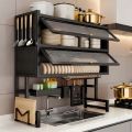 Double Cabinet Dish Drying Rack Over Sink | Modern Steel Kitchen Dish Drying Storage Organizer Stand with Cover | Kitchen Sink Cabinet Drain Shelf for Plates Bowls Utensils Cleaning Tools. 