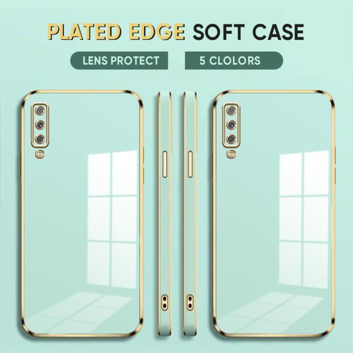 (Free Lanyard) Luxury 6D Plating Case for Samsung Galaxy A7 2018 Back Cover Soft Silicone Square Frame Shiny Bling Phone Cases