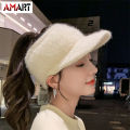 Ponytail Cap Women Winter Plush Knitted Pony Cap Hollow Top Fuzzy High Bun Visor Golf Cap for Outdoor. 