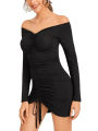 Women  Off Shoulder Ruched Dress Fashion Long Sleeve Off Shoulder Dress for Women Ladies. 
