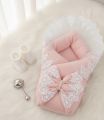 Baby Bellezza Official Velvet Baby Carry Nest with Lace | Soft Newborn Sleeping & Carrying Bed | Navy Blue & Light Pink Baby Nest , Light Blue And Dark Pink. 