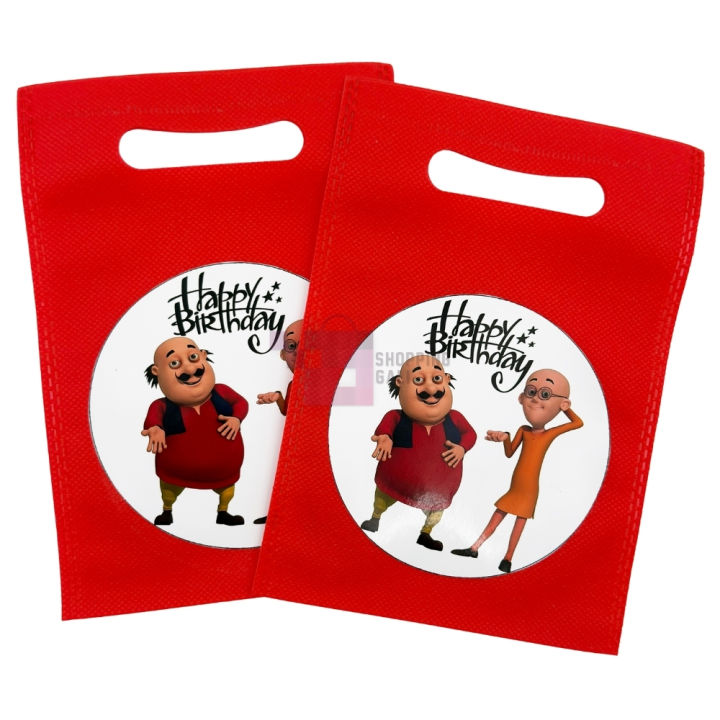 Motu Patlu Goody Bags - 8 x 6 Inch - Fabric Gift Bags - Motu Patlu Themed Party - Red - Boys - Pack Of 10