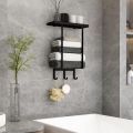 Towel Racks for Bathroom Wall Mounted Rack with Wooden Shelf & 3 Hooks, Holder Small Decor, Bath Storage Rolled Towels Organizer, Black All Black. 