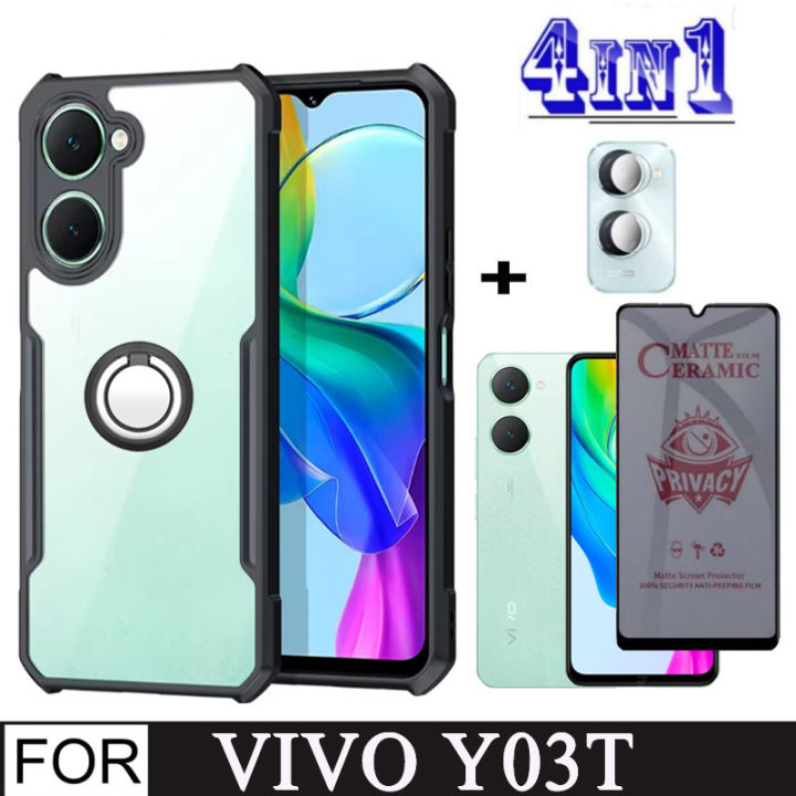 Vivo Y03T Shockproof Phone Case for Vivo Y03 Y02 4 in 1 Camera Lens Soft Tempered Glass Privacy Screen Protector and Mobile phone holder
