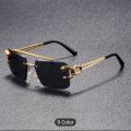 Luxury Rimless Sunglasses for Men – Gold Metal Frame with Panther Side Design, Square Stylish Shades, Premium Fashion Eyewear. 