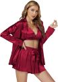 Women's 3 Piece Shamoze Silk Bridal Night suit for women, Shorts and hot cami Set, Silk Sleepwear and Lingerie with Front Open Shirt, Comfortable Bridal Nighty for Women, Hot Sexy Short Nighty for women. 