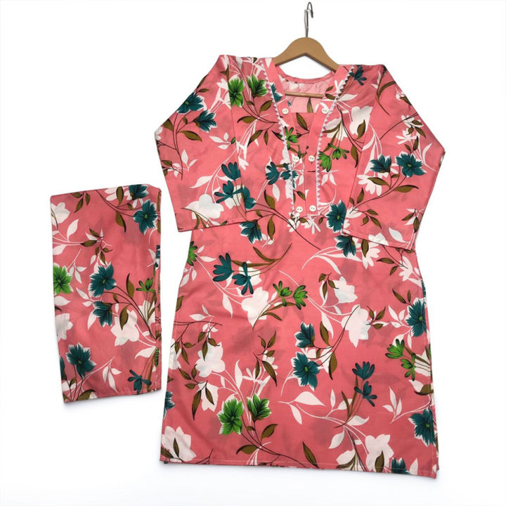 Trendy Poly Cotton Digital Printed Kurti and Trouser Set for Women and Girls 2 Piece, Stylish, Comfortable, Available in Small to X-Large