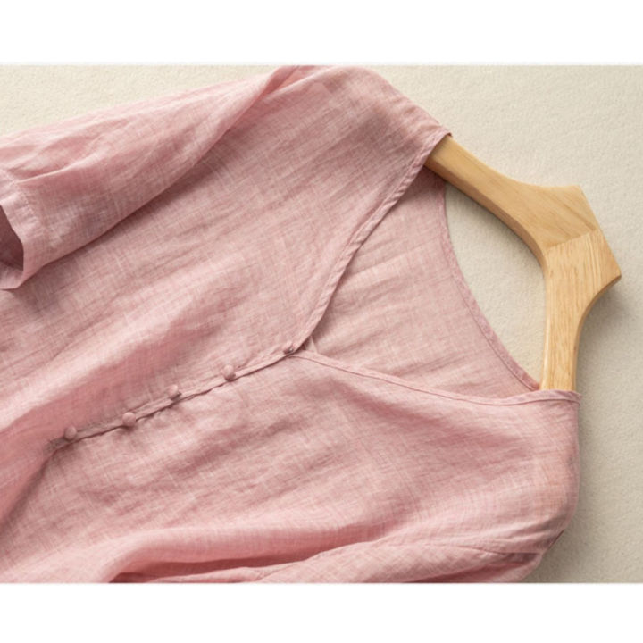 Women%20Cotton%20Linen%20Tops%20Retro%20Loose%20Solid%20Color%20Blouse%20Elegant%20V%20Neck%20Pullover%20Short%20Sleeves%20Shirt%20-%20Image%203