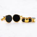 【happy one】Luxury Gold Tuxedo Cufflinks and Studs Set Black Enamel Design Button For Mens Suit French Shirt Business Gift. 