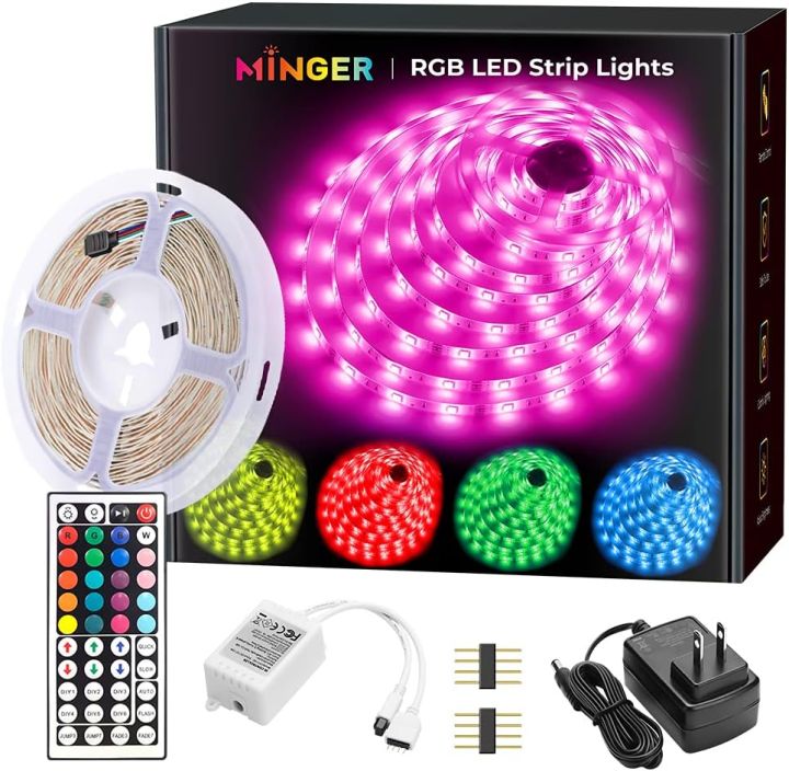MINGER LED Strip Lights 16.4ft, RGB Color Changing LED Lights for Home, Kitchen, Bedroom, Dorm Room, Bar, LED Lights for New Year Decorations with IR Remote Control, 5050 LEDs, DIY Mode