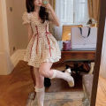 Cute Florals Dress Women Vintage Cottagecore Y2k Puff Sleeve Square Collar Lace-up High Waist Corset Dress Female. 