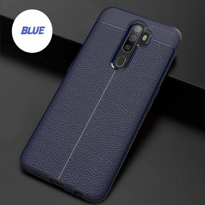 Oppo A9 2020 Mobile Cover Case - BLUE  Autofocus Litchi Pattern T Design Soft PU Flexible Leather