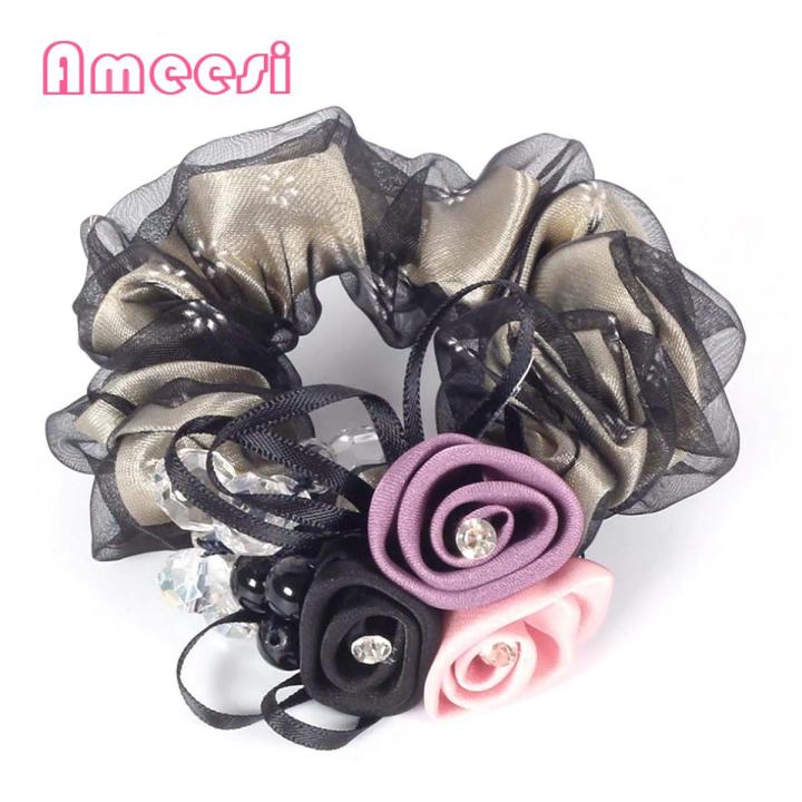 Ameesi Bun Hair Ring Flower Decor Rhinestone Ribbons Sweet Bun Hair Ring